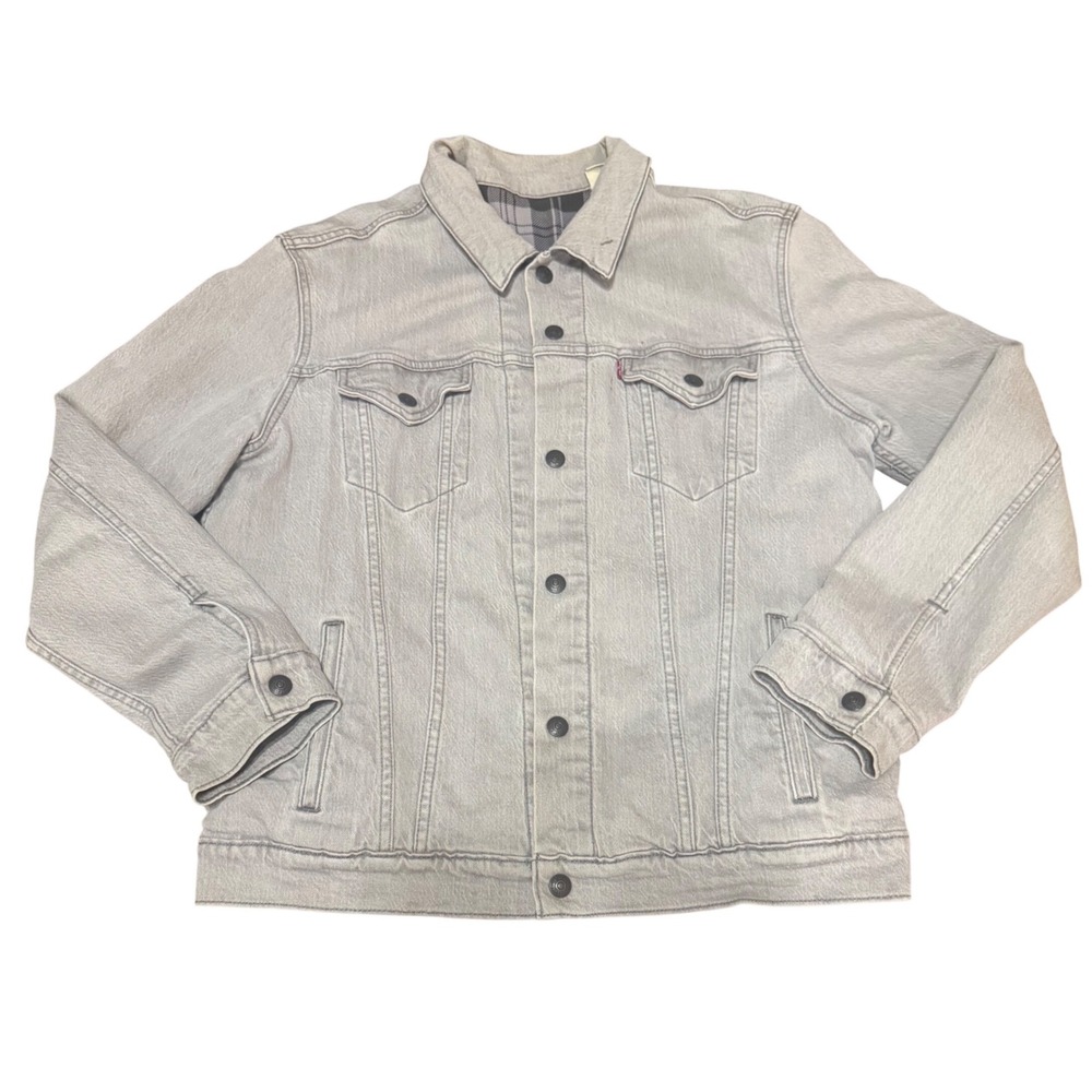 Levis Premium Mens Grey Denim Flannel Lined Trucker Jacket Size L‎ Large Grey